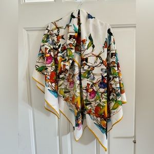 Large, square scarf with colorful hummingbird pattern